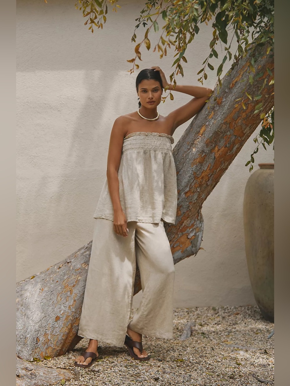 By Anthropologie NWT Aubrey Smocked Linen Blend Pants Sz L Unbleached Neutral